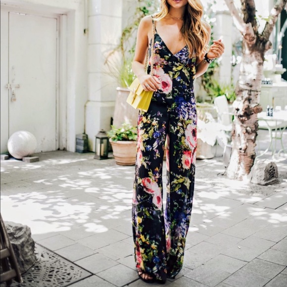 JAYGODFREY Pants - Black multicolor floral wide leg palazzo jumpsuit